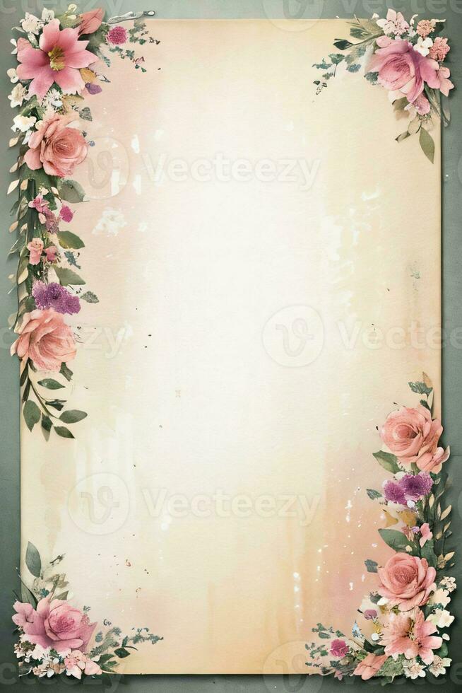 Vintage retro vibe paper texture with watercolor flowers photo