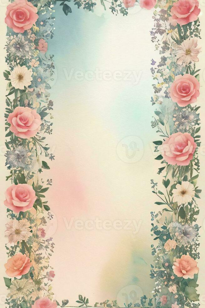 Vintage retro vibe paper texture with watercolor flowers photo