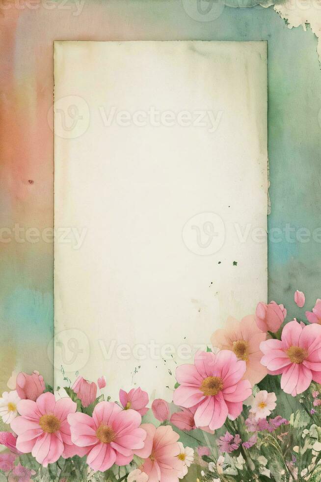 Vintage retro vibe paper texture with watercolor flowers photo