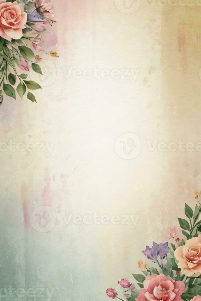 Vintage retro vibe paper texture with watercolor flowers photo