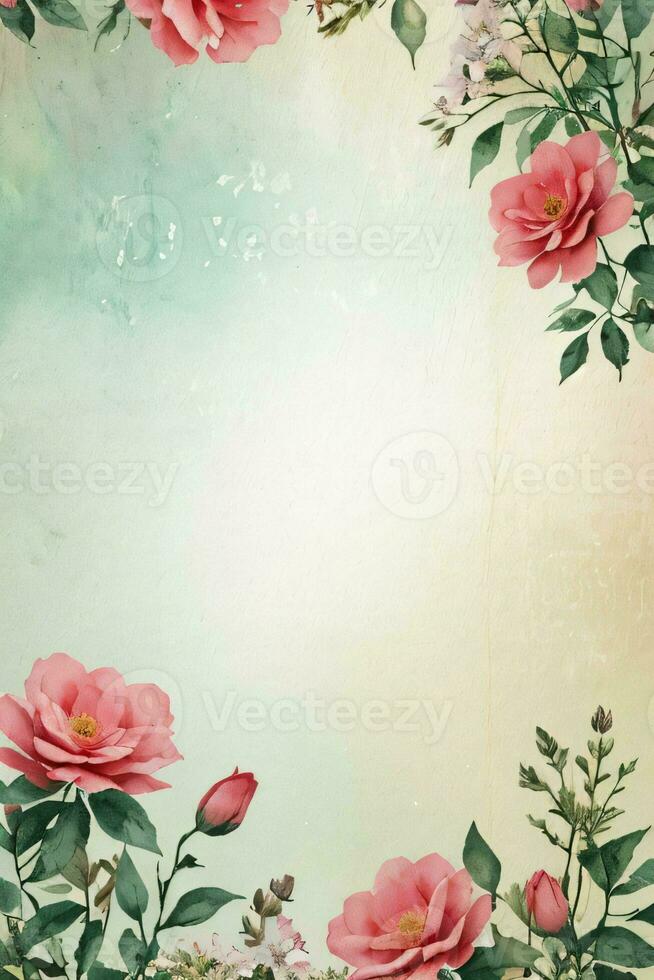 Vintage retro vibe paper texture with watercolor flowers photo