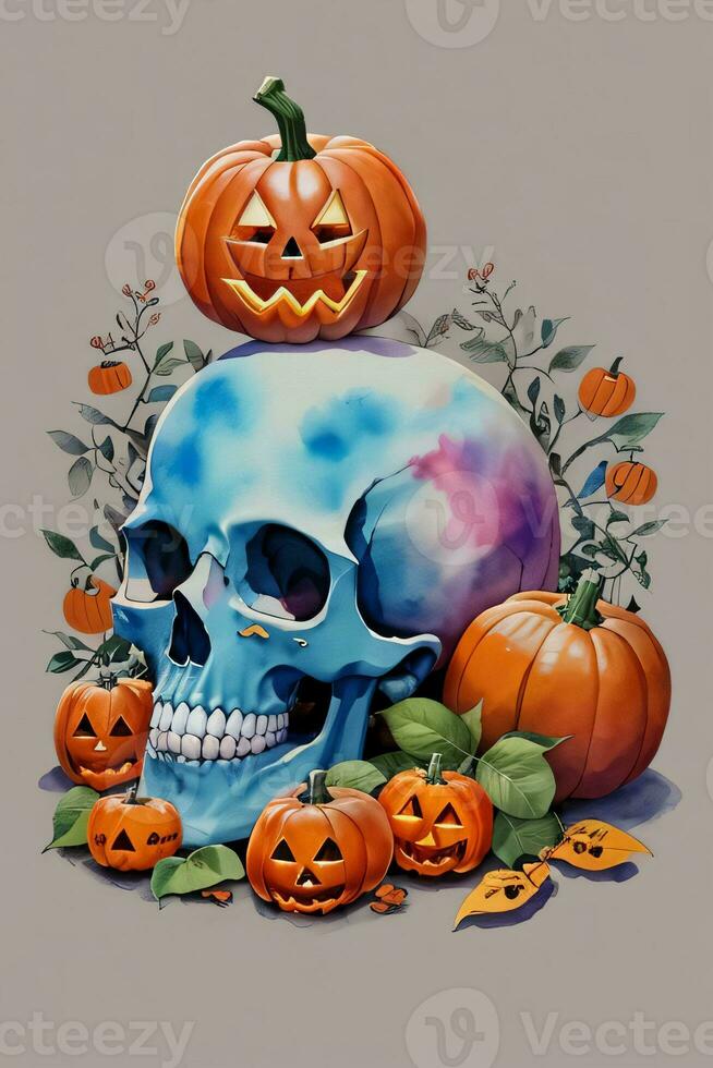 Watercolor Style Halloween Background with Skull And Pumpkin photo