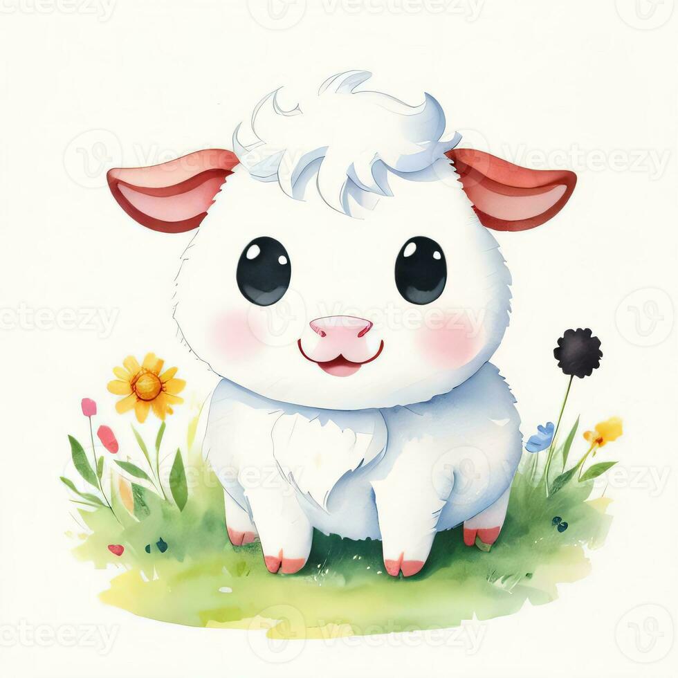 Watercolor children illustration with cute cow clipart photo