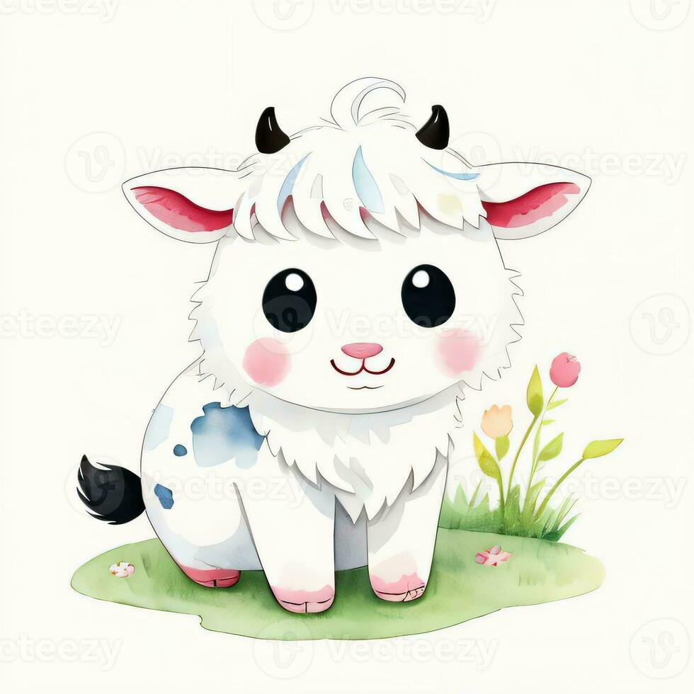 Watercolor children illustration with cute cow clipart photo