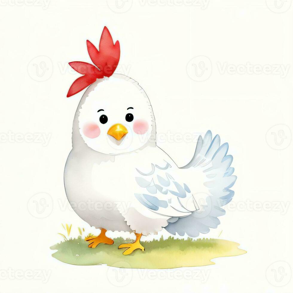 Watercolor children illustration with cute chiken clipart photo