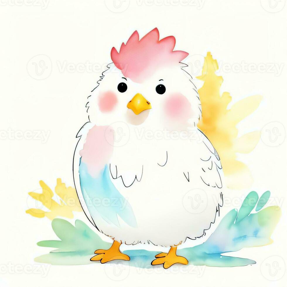 Watercolor children illustration with cute chiken clipart photo