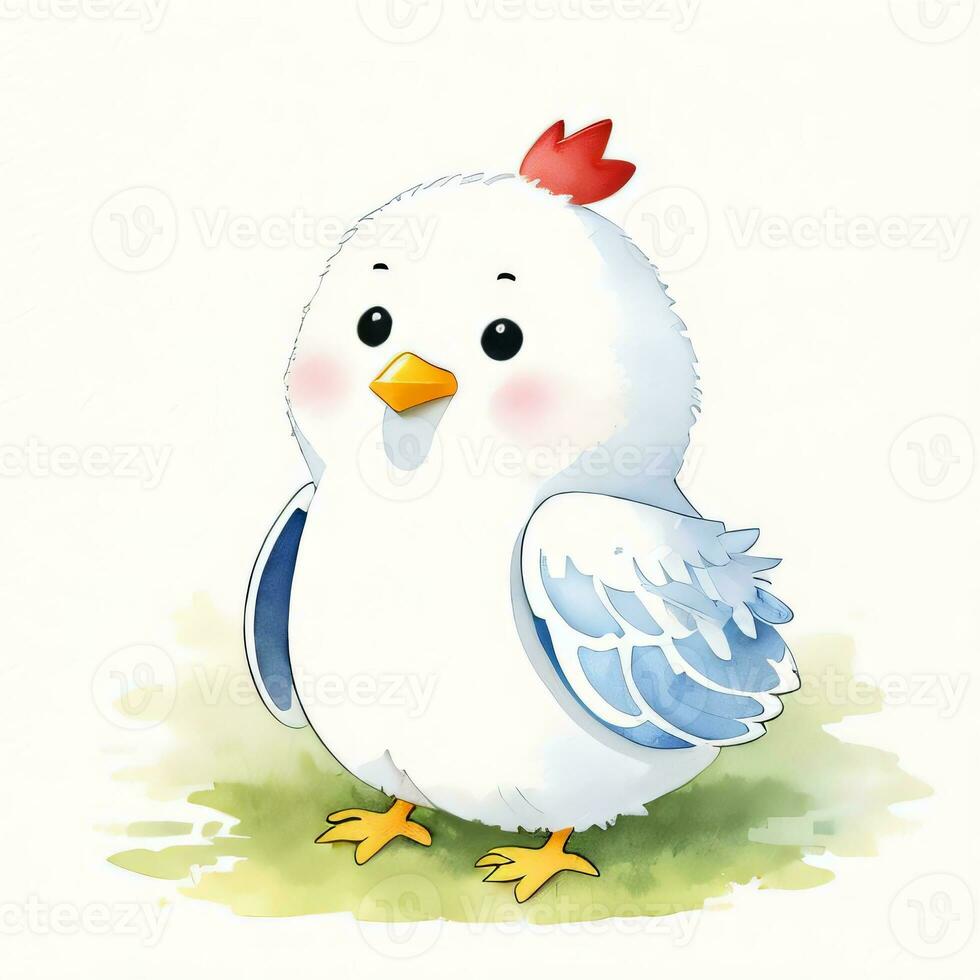 Watercolor children illustration with cute chiken clipart photo