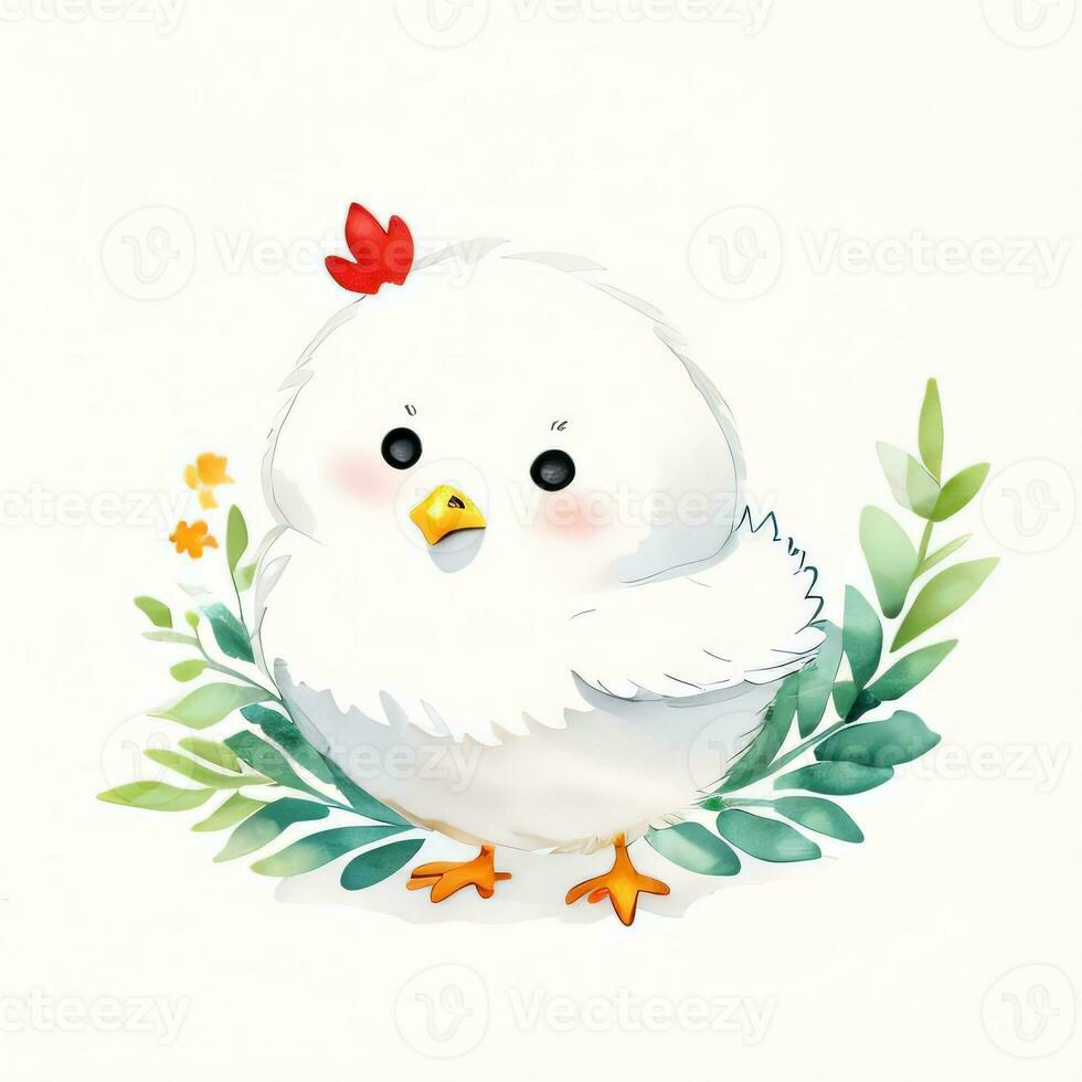 Watercolor children illustration with cute chiken clipart photo