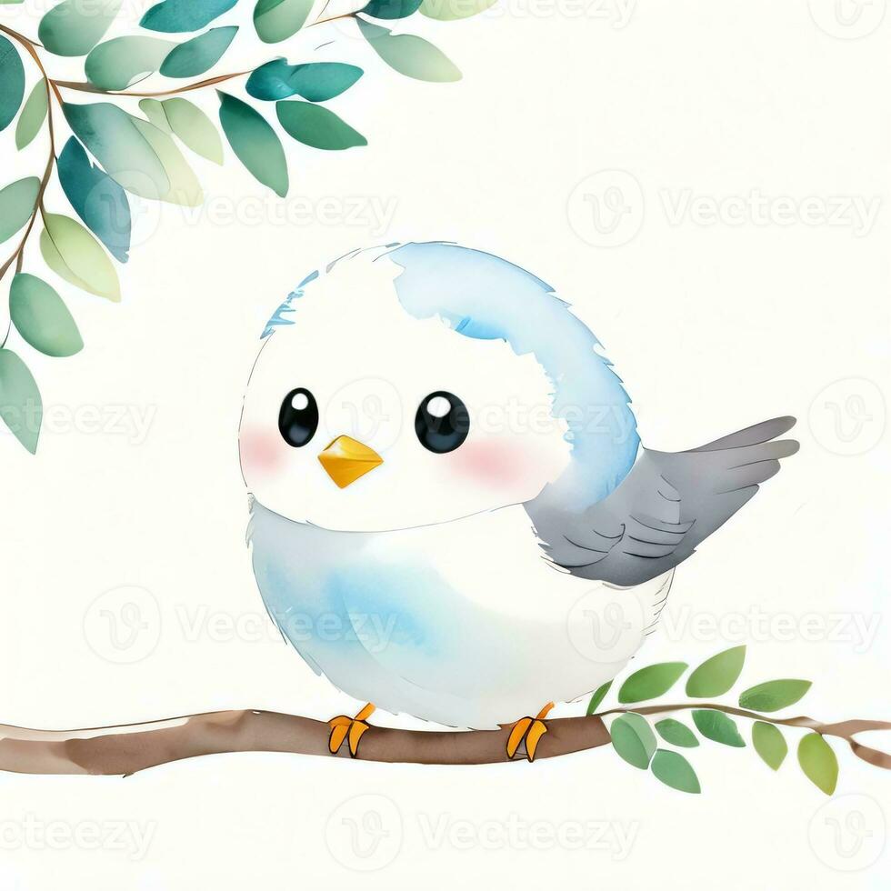 Watercolor children illustration with cute bird clipart photo