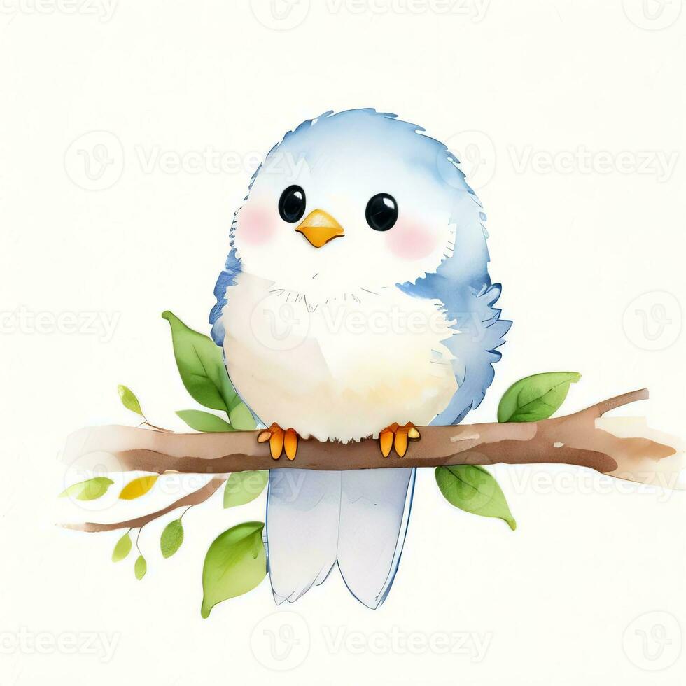 Watercolor children illustration with cute bird clipart photo
