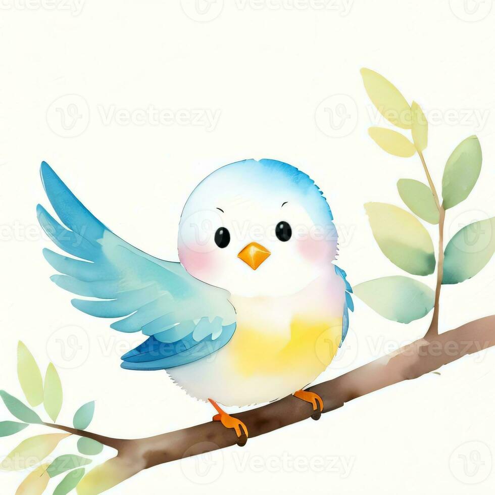Watercolor children illustration with cute bird clipart photo
