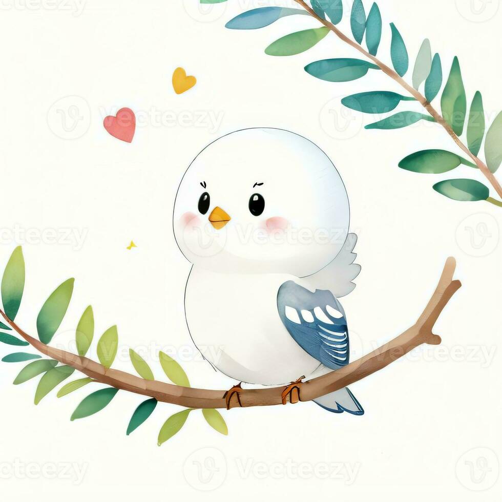 Watercolor children illustration with cute bird clipart photo