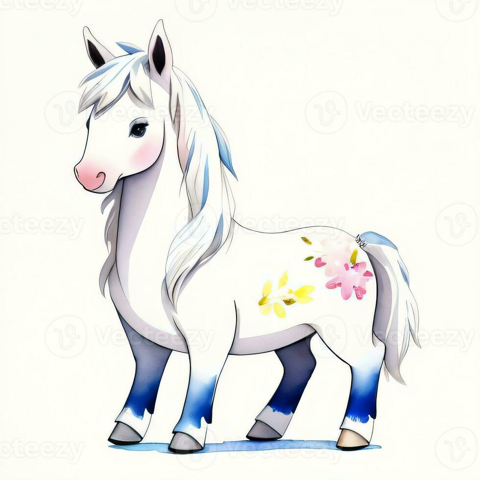 Watercolor children illustration with cute horse clipart photo