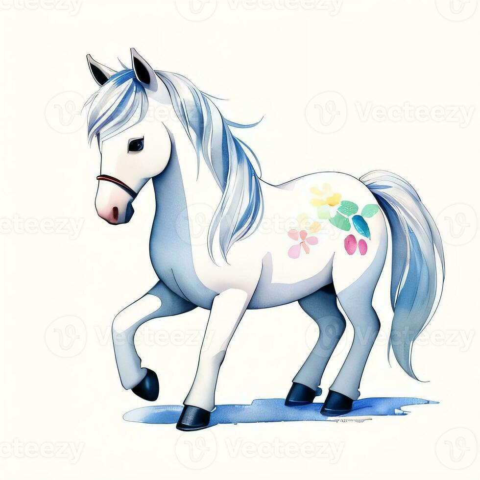 Watercolor children illustration with cute horse clipart photo