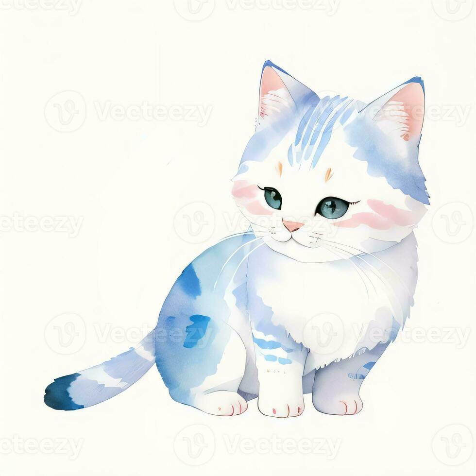 Watercolor children illustration with cute kitty cat clipart photo