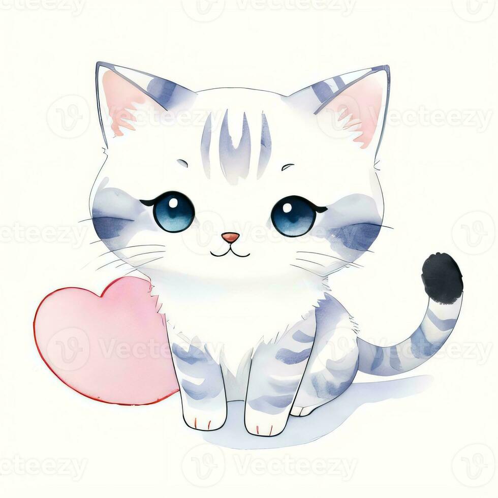 Watercolor children illustration with cute kitty cat clipart photo