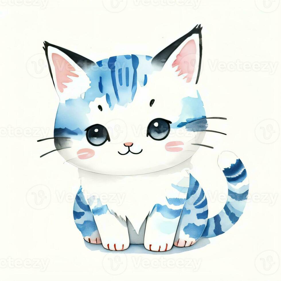 Watercolor children illustration with cute kitty cat clipart photo