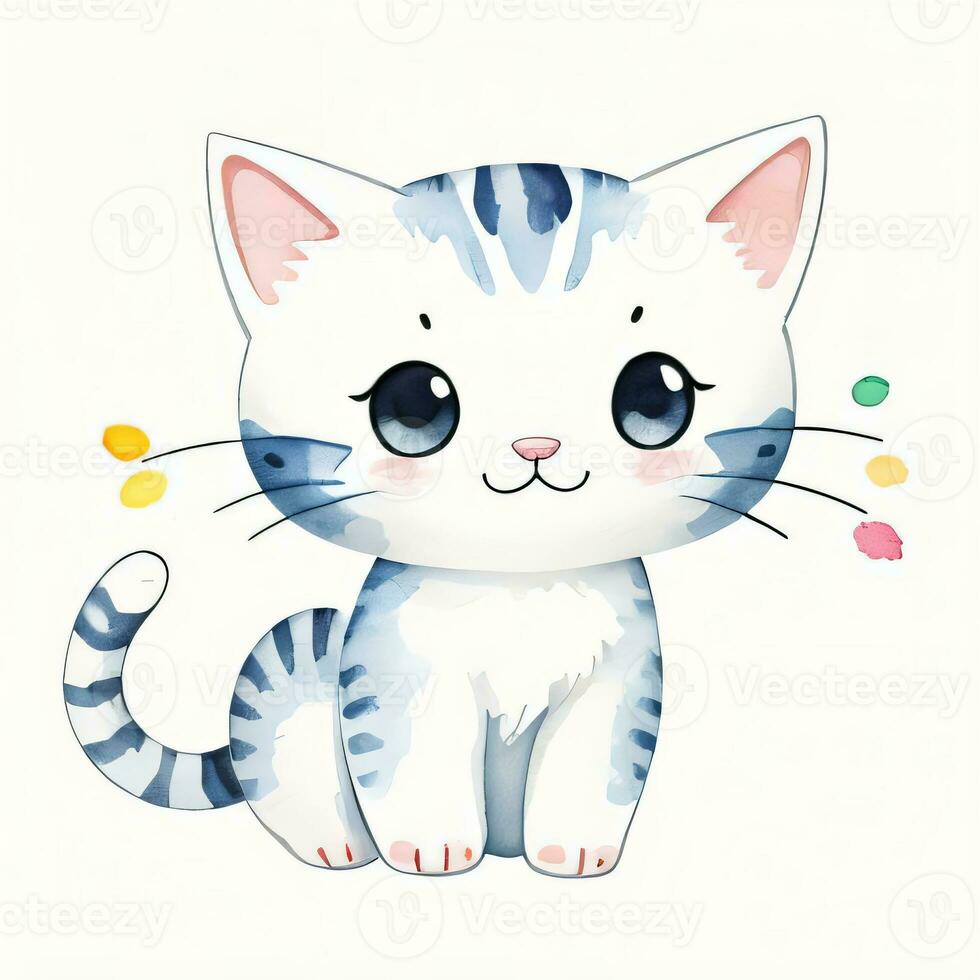 Watercolor children illustration with cute kitty cat clipart photo