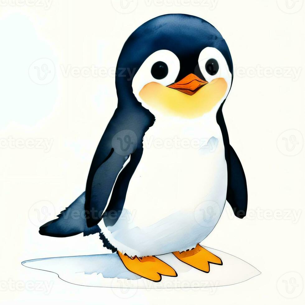 Watercolor children illustration with cute penguin clipart photo