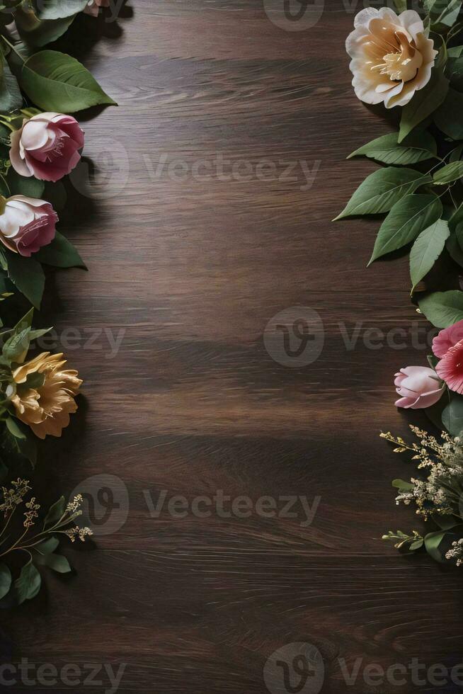 Wooden background and flowers banner template mockup background photo