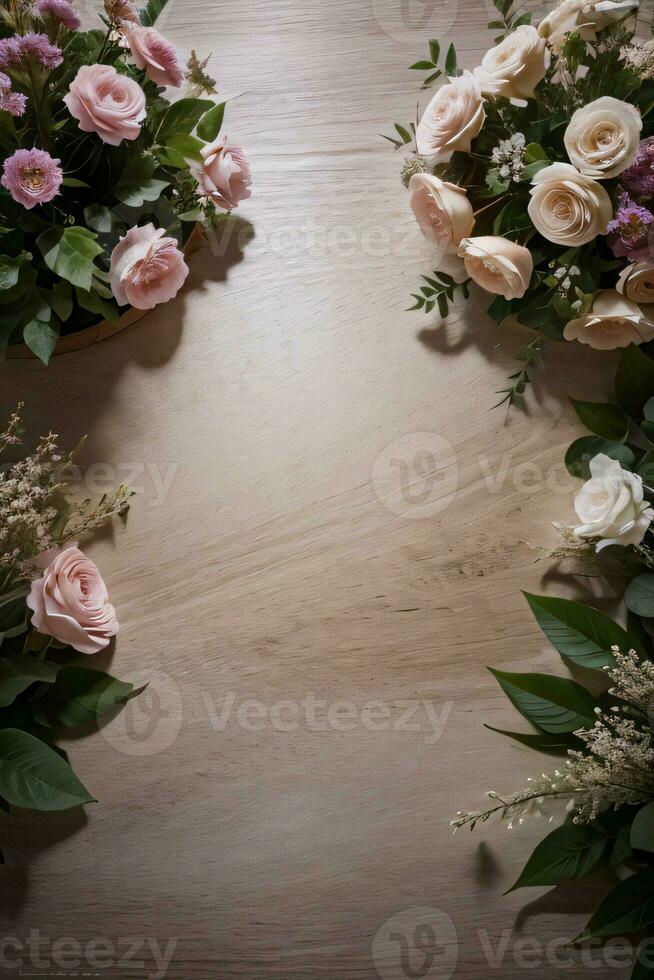 Wooden background and flowers banner template mockup background photo