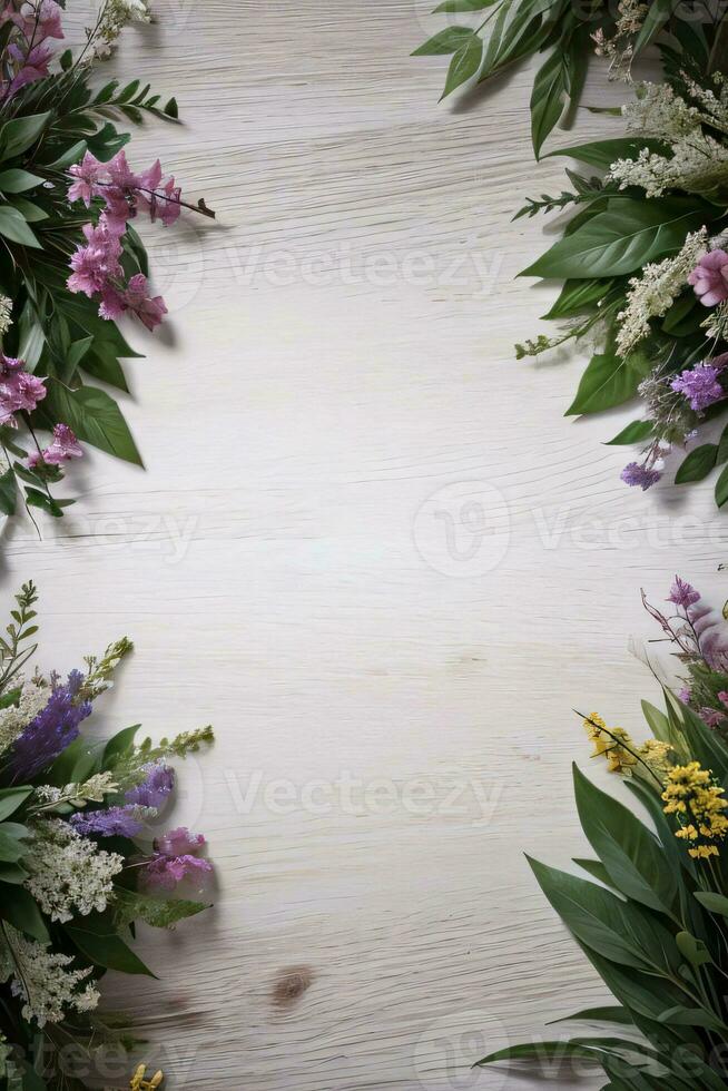 Wooden background and flowers banner template mockup background photo