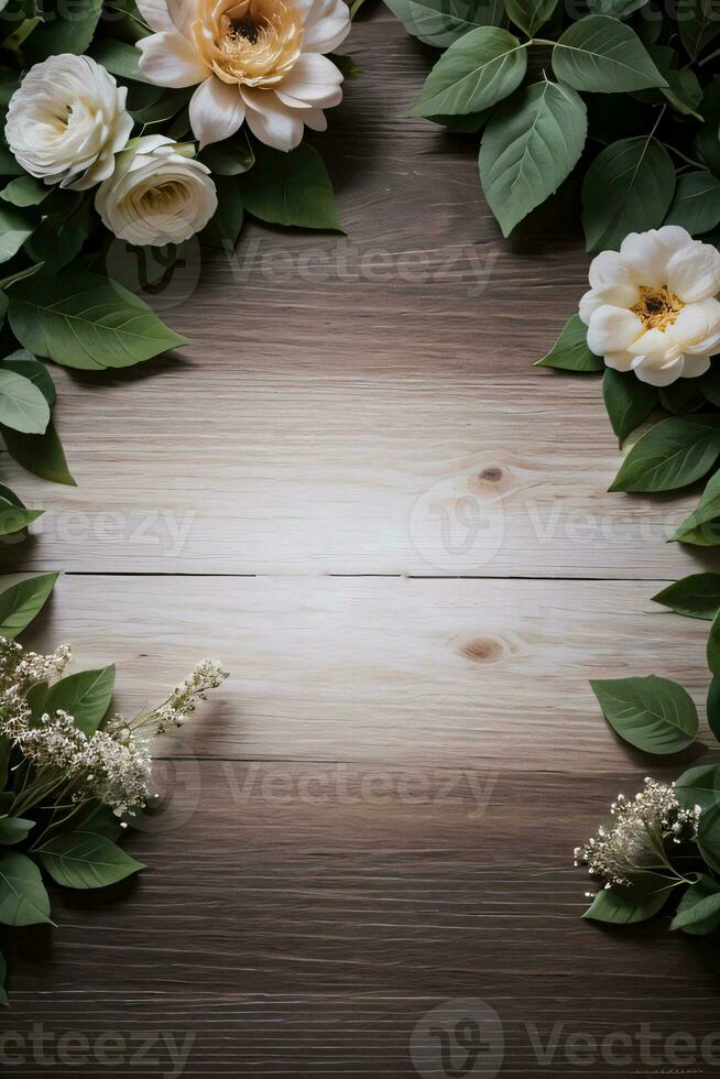 Wooden background and flowers banner template mockup background photo