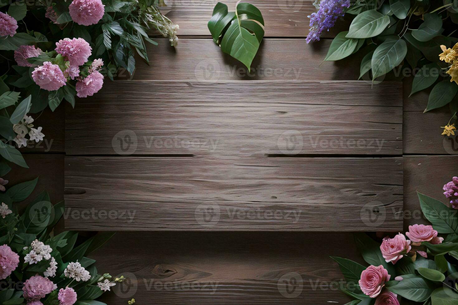 Wooden background and flowers banner template mockup background photo