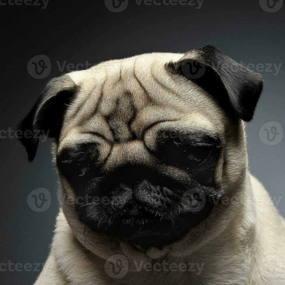 pug portrait in a grey photo studio