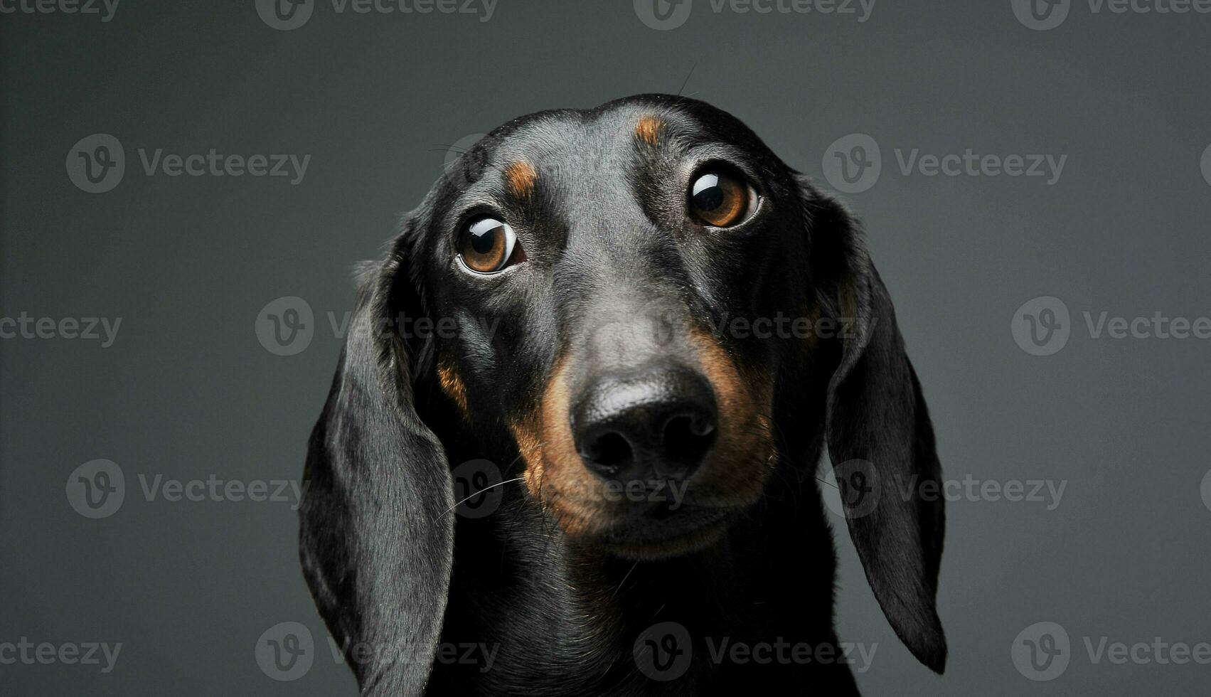 An adorable black and tan short haired Dachshund looking sadly photo