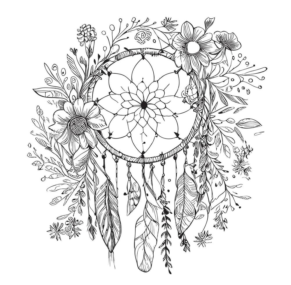 Dreamcatcher boho sketch hand drawn in doodle style Vector illustration