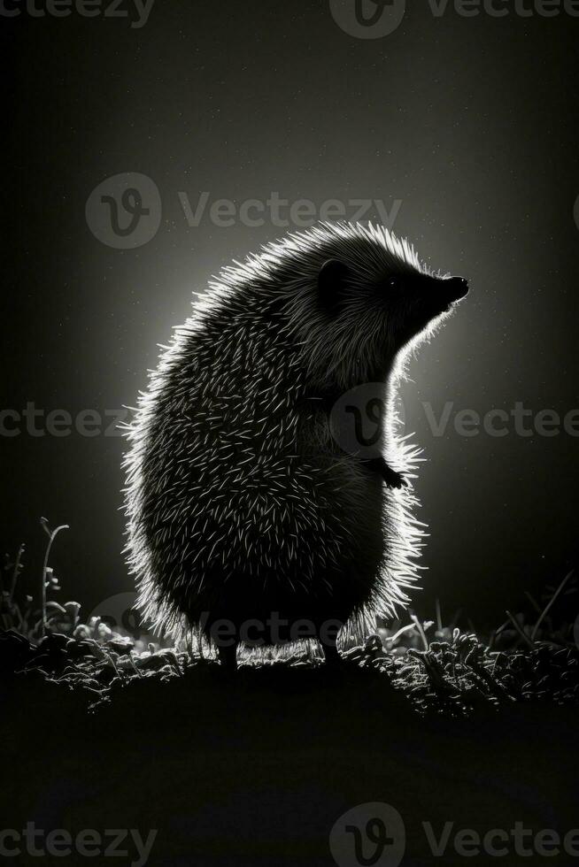 hedgehog night studio silhouette photo black white vintage backlit motion contour tattoo