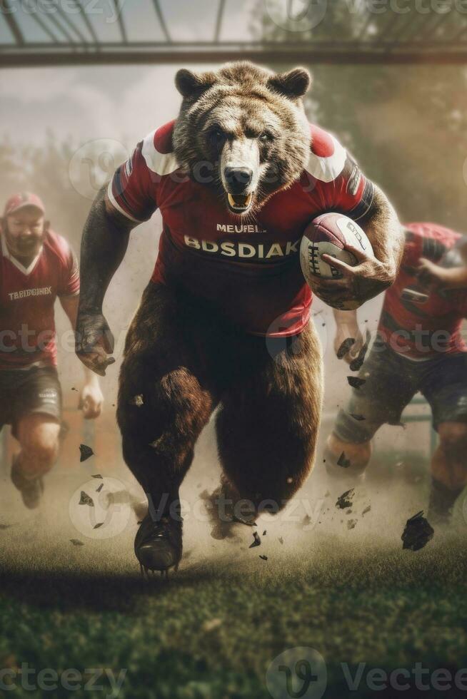 grizzly bear playing rugby american football running with ball humanized realistic photography photo