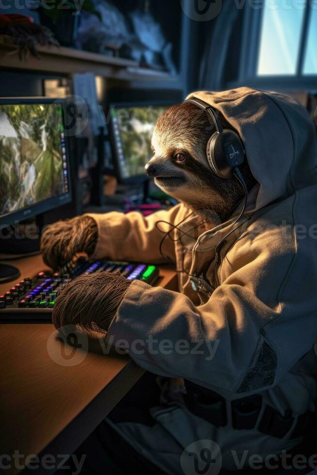 sloth gamer humanized playing computer monitor keyboard hoodie headphones realistic cyber photo