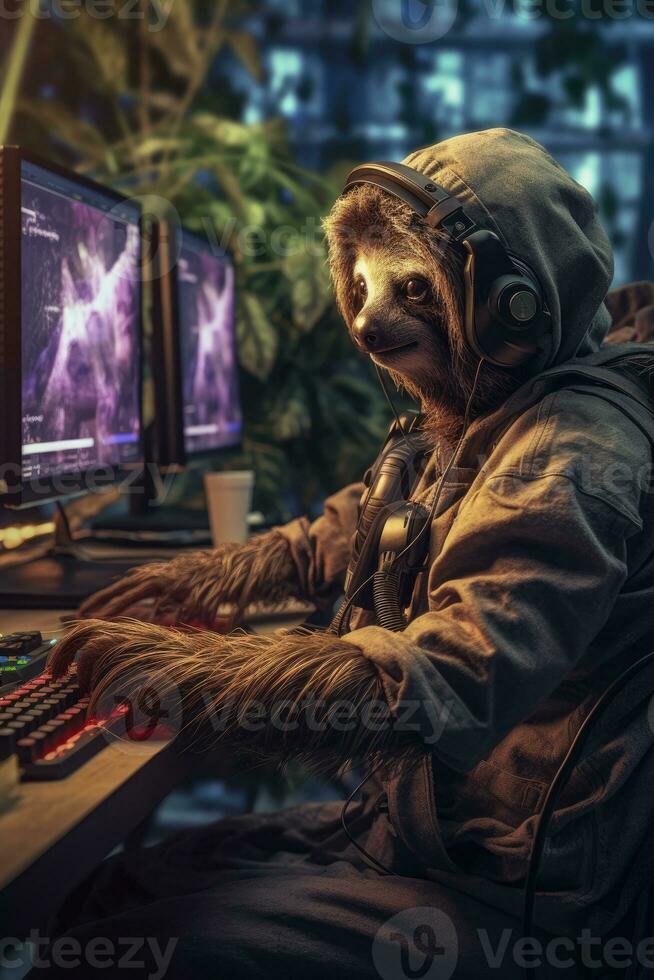 sloth gamer humanized playing computer monitor keyboard hoodie headphones realistic cyber photo