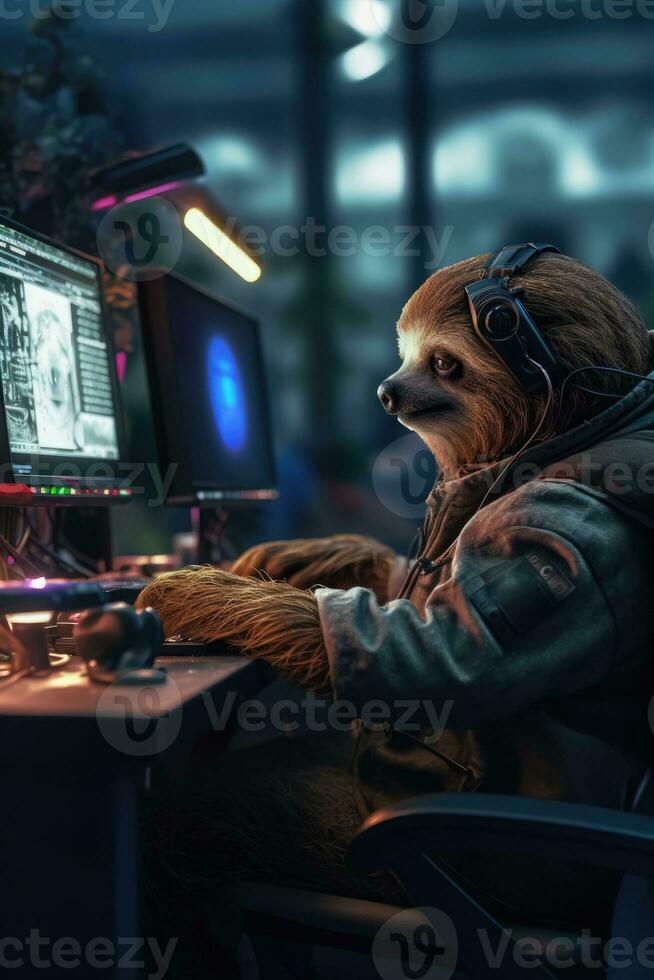 sloth gamer humanized playing computer monitor keyboard hoodie headphones realistic cyber photo