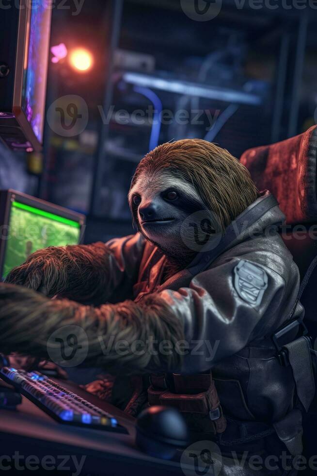 sloth gamer humanized playing computer monitor keyboard hoodie headphones realistic cyber photo