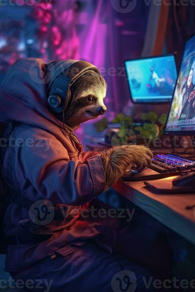 sloth gamer humanized playing computer monitor keyboard hoodie headphones realistic cyber photo