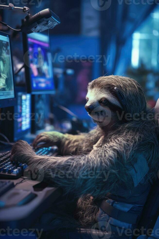 sloth gamer humanized playing computer monitor keyboard hoodie headphones realistic cyber photo