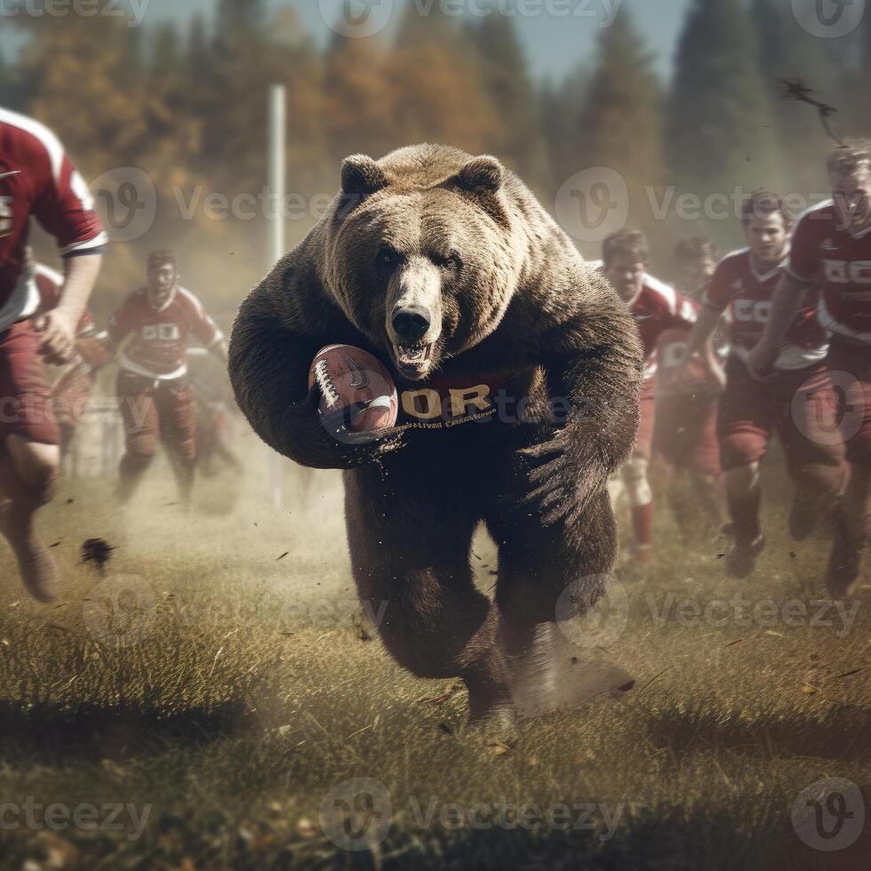 oso pardo oso jugando rugby americano fútbol americano corriendo con pelota humanizado realista fotografía foto