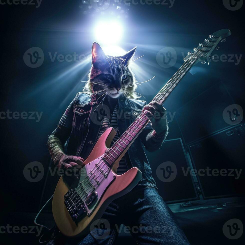 gato cantante realista foto rock metal guitarra bajo etapa escena profesional Disparo música concierto banda