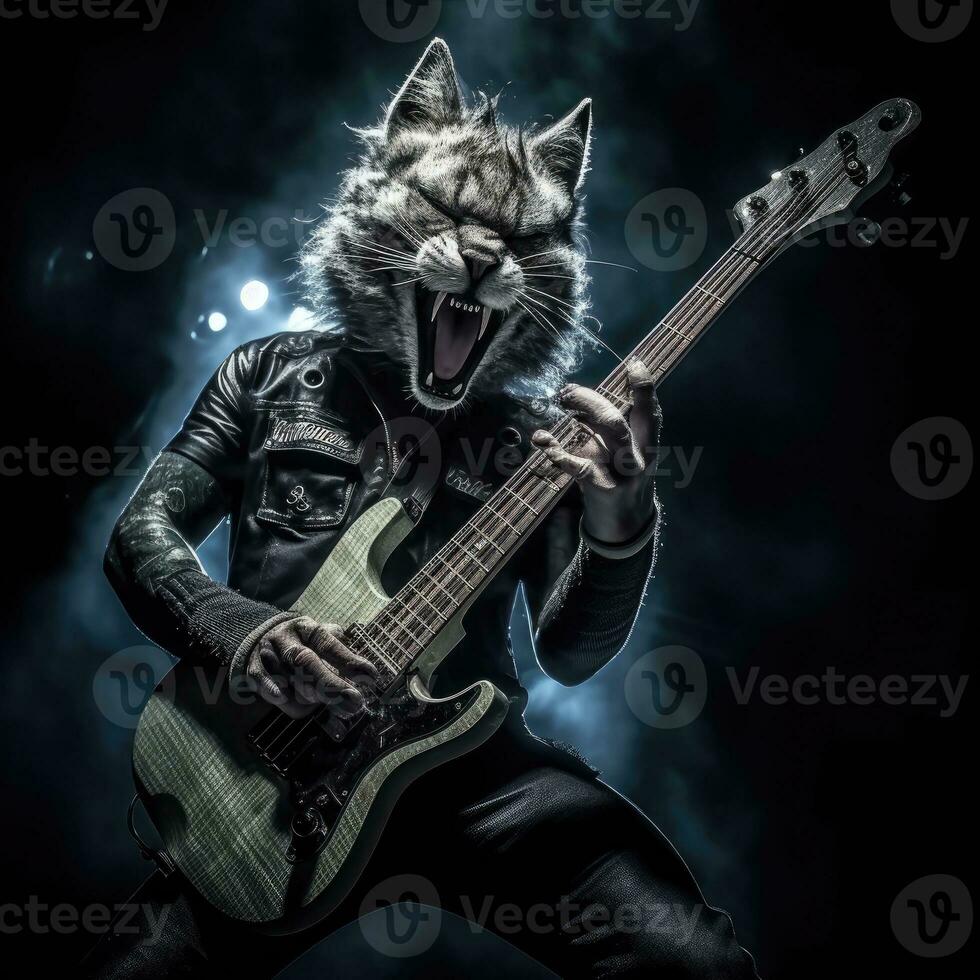 cat singer realistic photo rock metal guitar bass stage scene professional shot music concert band