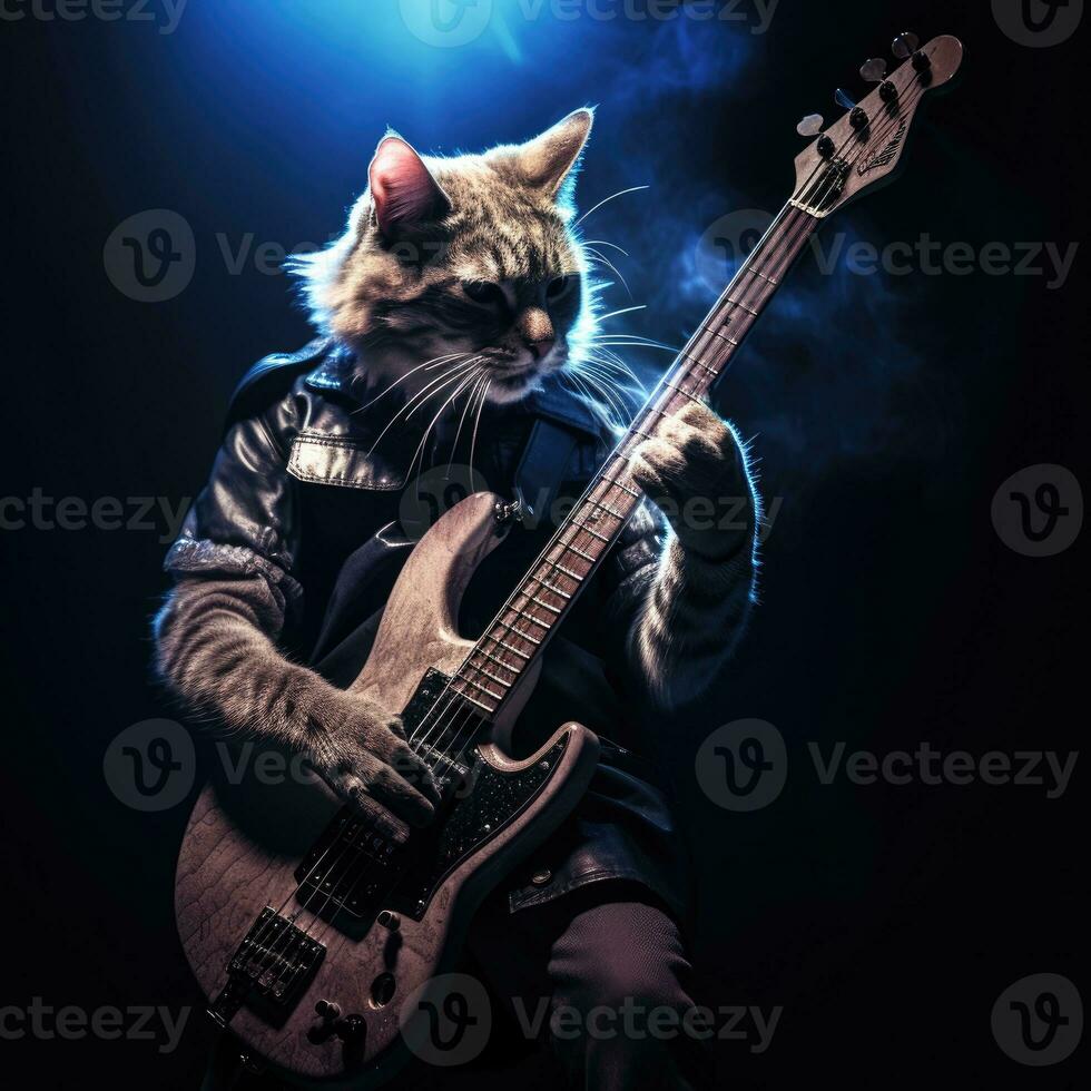 cat singer realistic photo rock metal guitar bass stage scene professional shot music concert band