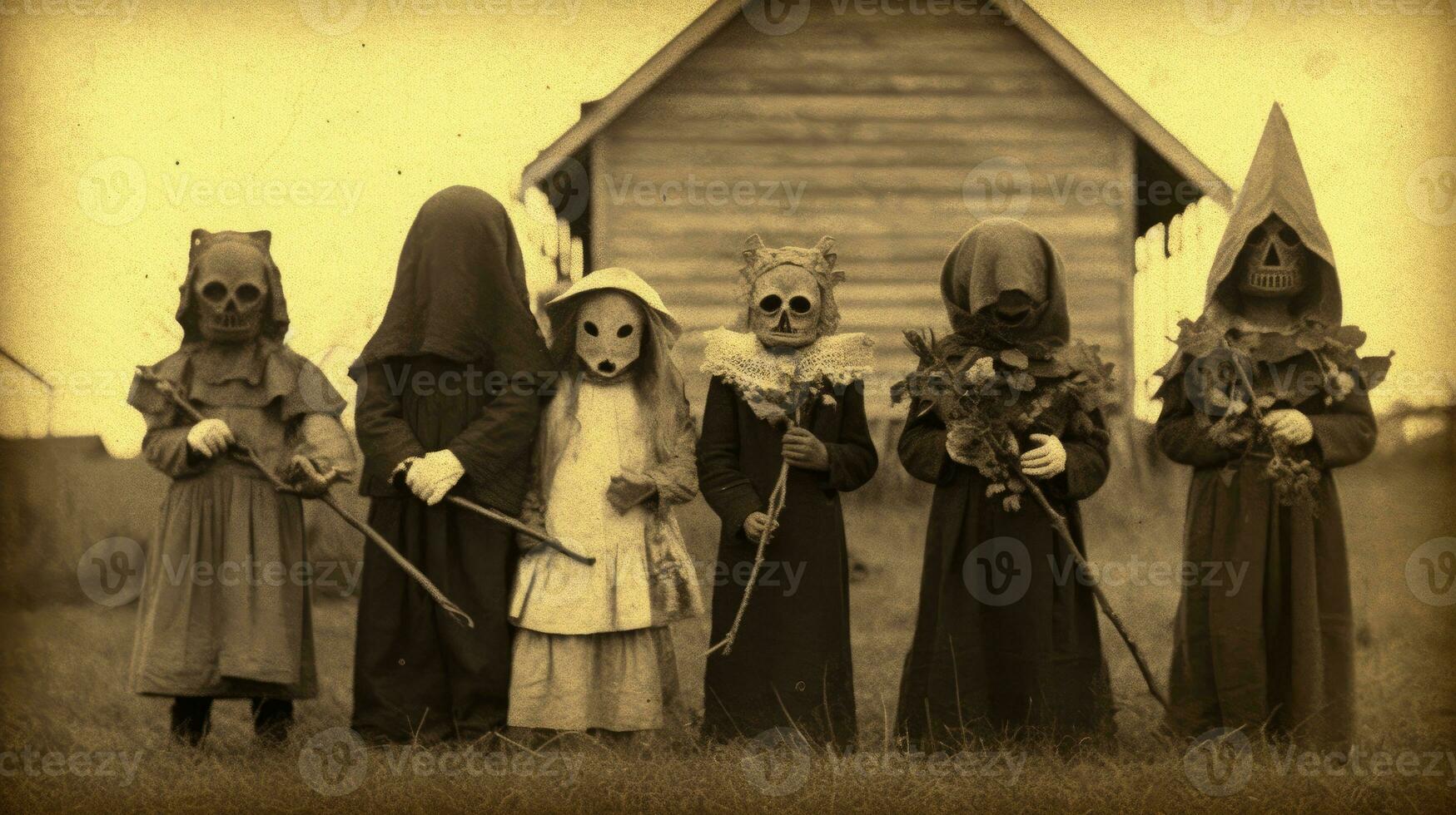 children kids halloween scary vintage photography masks 19th century horror costumes party photo