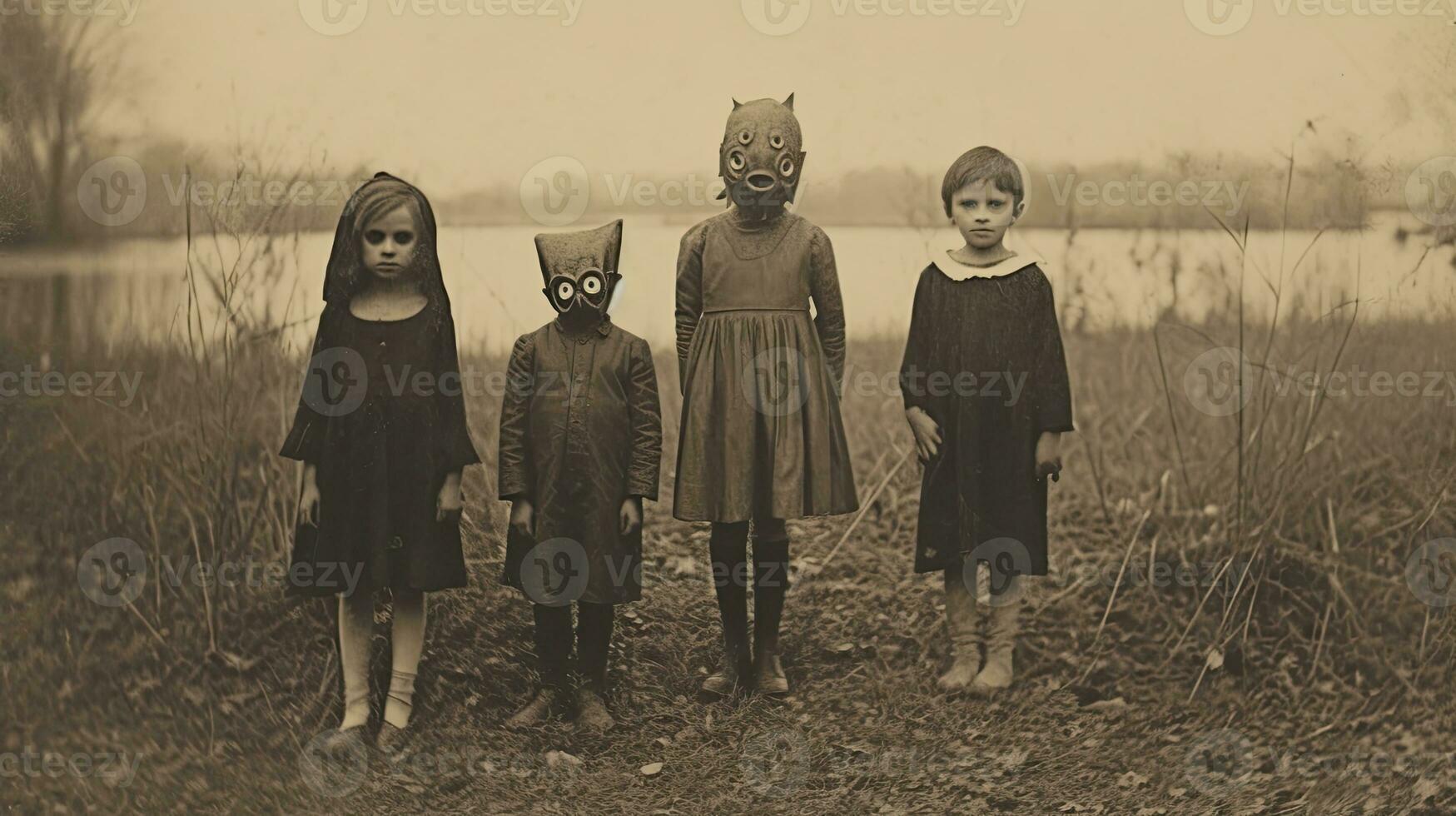 children kids halloween scary vintage photography masks 19th century horror costumes party photo