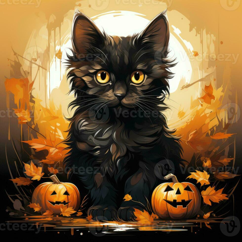 negro gato gatito minino Víspera de Todos los Santos ilustración obra de arte de miedo horror aislado tatuaje fantasía dibujos animados foto