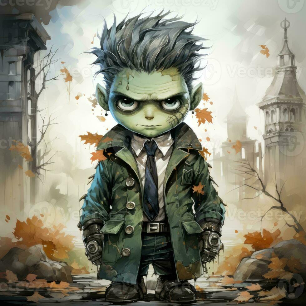 cute Frankenstein boy male Halloween illustration artwork scary horror isolated tattoo fantasy cartoon photo