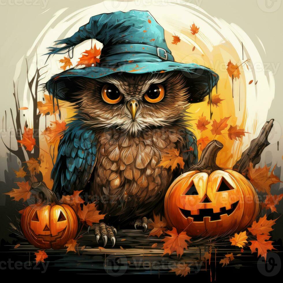 owl pumpkins hat Halloween illustration artwork scary horror isolated tattoo creepy fantasy cartoon photo