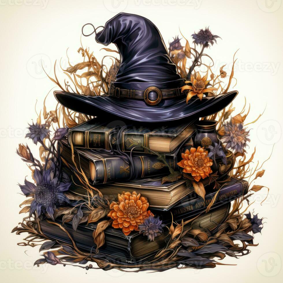 magic books hat cap Halloween illustration artwork scary horror isolated tattoo fantasy cartoon photo