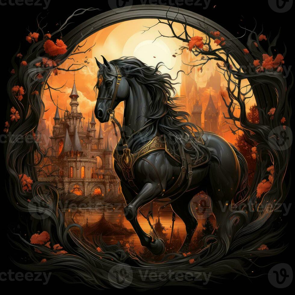 caballo jinete segador muerte Víspera de Todos los Santos ilustración de miedo horror diseño tatuaje vector fantasía foto